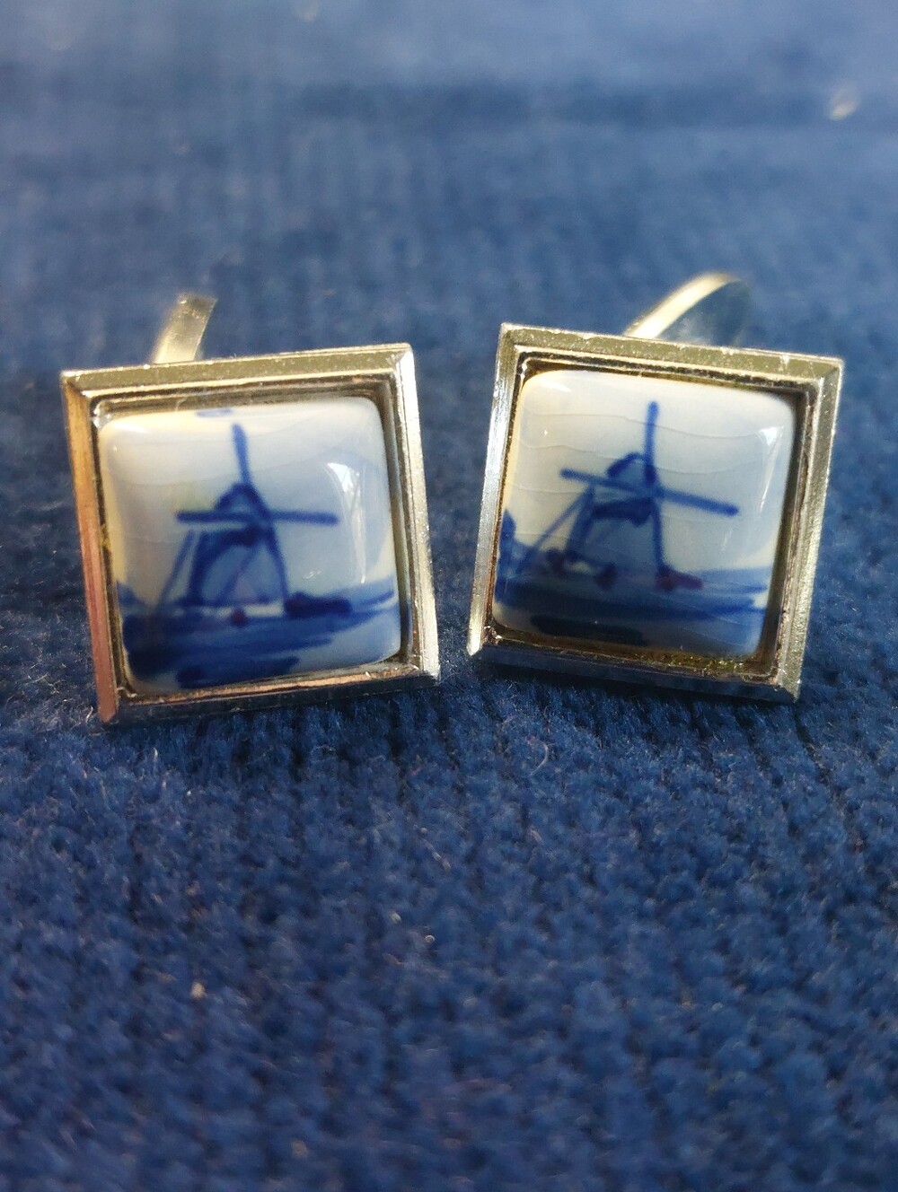 Mid-Century Delft Blue Hand-Painted Silvertone Cufflinks, Estate Jewelry